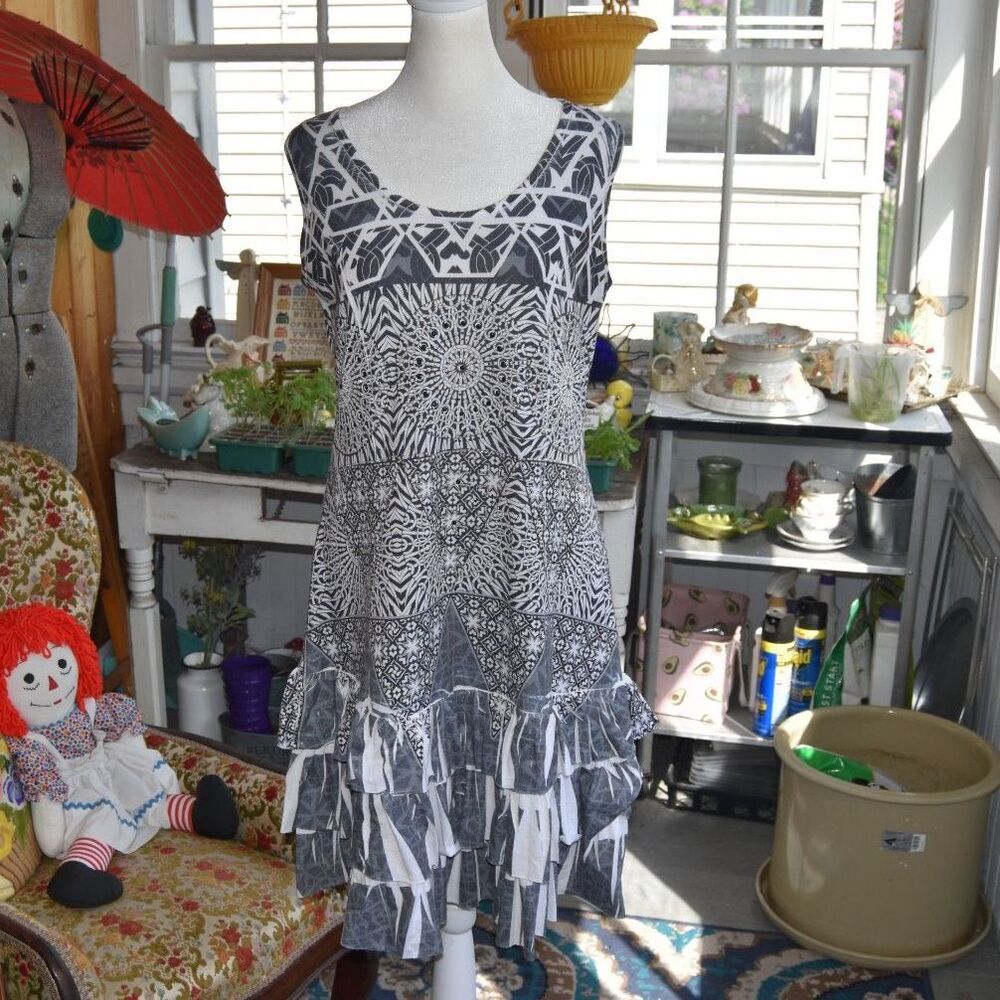 Y2K 'Cover Charge' Rhinestone Tunic Dress Black White Handkerchief Hem M